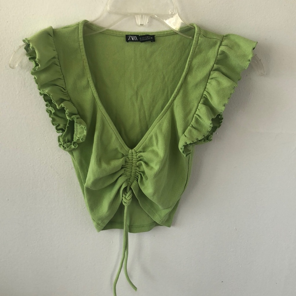 Zara Green Ribbed Ruffle Ruched Sleeveless Crop Top Sz S - EUC‎